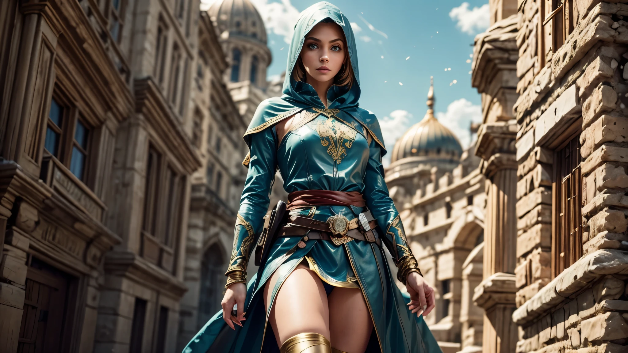 A full-body shot of Princess Zelda, brown hair, blue eyes, dressed as an Assassin from Assassins Creed, in white+gold witha white mask and hood with gold details, XL bust, using a wrist blade. Background: A city during the renaissance period. Unreal Engine 5, Anime, Anime style, Masterpiece, Well drawn eyes, well drawn face, well detailed eyes, well detailed face, 8k, light and shadow effect.