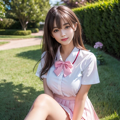 Pink short pleated skirt, in the flower field，Wearing a white sailor suit，white shirt，(knee shot) ,pink bow tie，Pink navy collar，1 female, On the face, laughing out loud, light brown hair, blunt bangs, hair behind ears, Shoulder-length hair, long hair, Slender body type, 超face slimming型, face slimming, delicate lips, beautiful eyes, Thin blush, Eyes are light brown,View here, (actual:1.3), One person's perspective, 8k, Super detailed, high quality, best quality, High resolution, ，Large Breasts，wear a H cup, 2,above knee shot