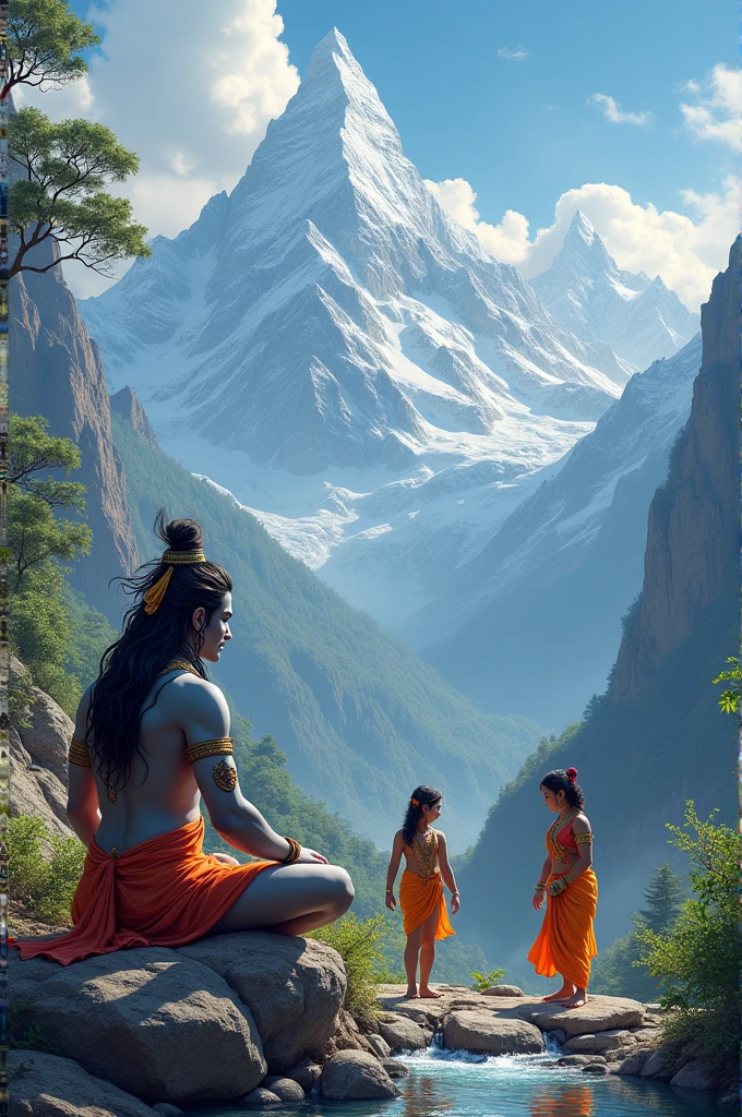 God shiva and his wife watching god ganesh and his brother while playing in Himalaya