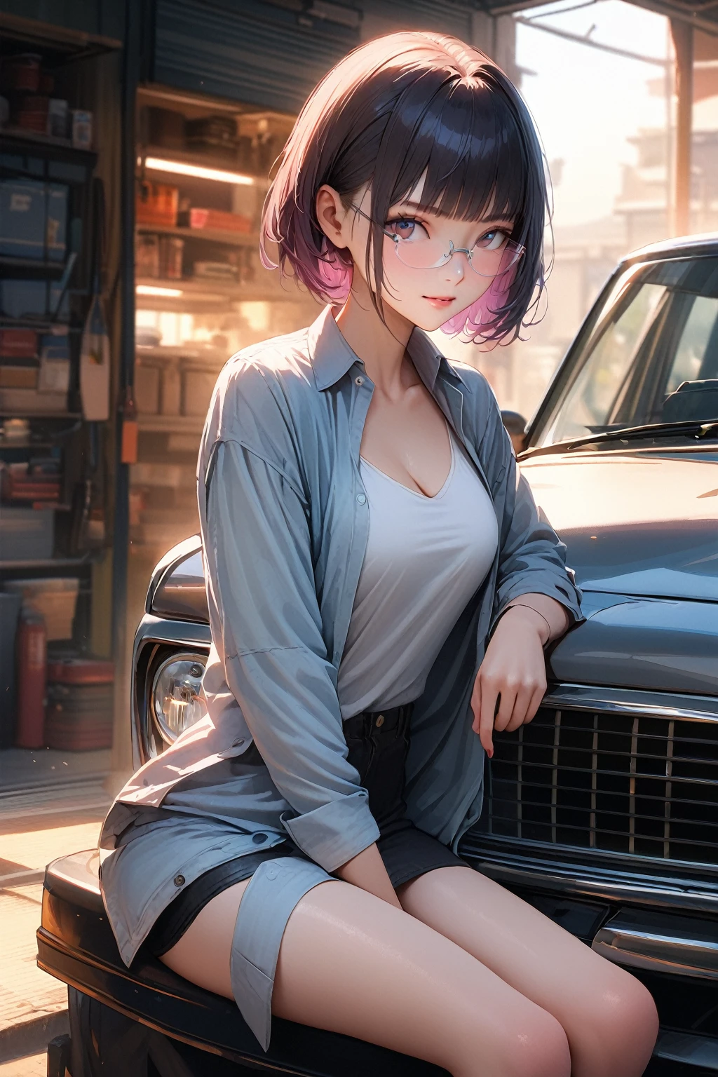 (​masterpiece),(top-quality:1.2),1girl in,(masuter piece:1.3),exquisitedetails, Highest quality 8K resolution, Ultra-detailed, Realistic, Vibrant colors, Soft tones, With warm and gentle lighting, (((silver semi-rimless eyewear:1.3))), short hair, blunt bangs, girl sitting on a car in the garage with license plate, collared open shirt, white Inner tanktop, 