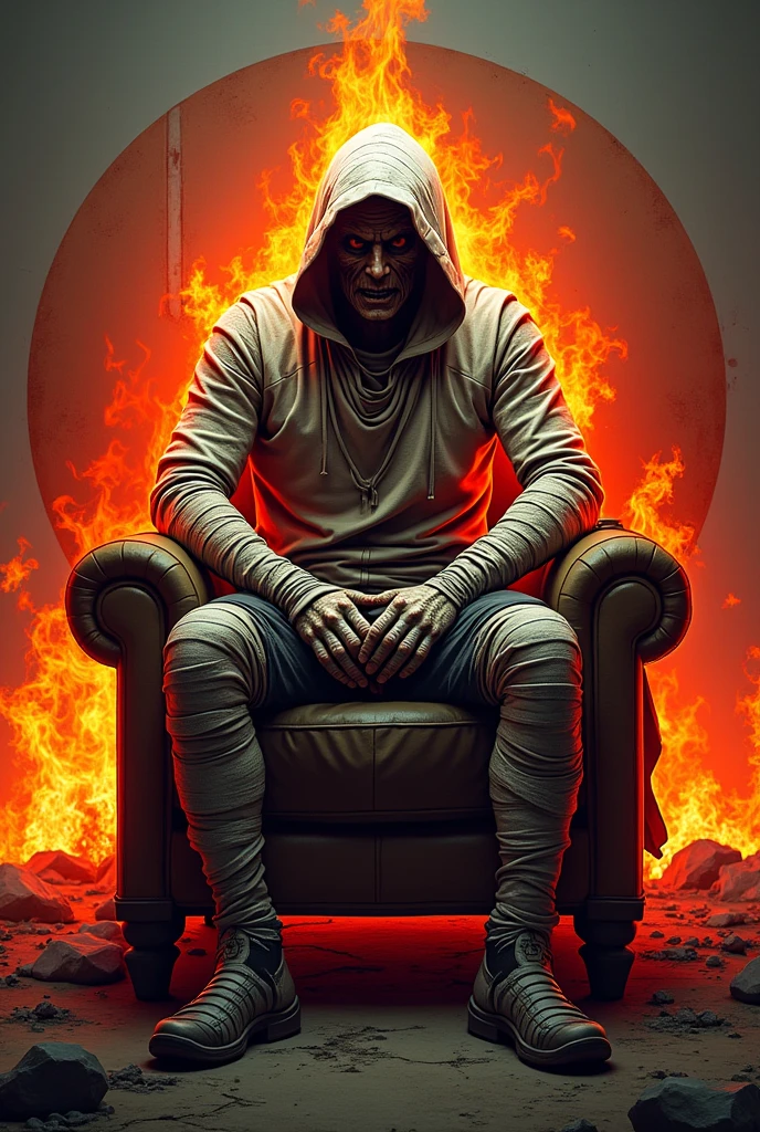 I need a round avatar in the style of pubg on the nickname Tm×Joker¹ in red and yellow colors in the style of pubg and the character should be dressed in a fiery mummy sitting on a chair make it in the game pubg add the nickname Tm×Joker in the middle and make the picture more drawn and from the game pubg