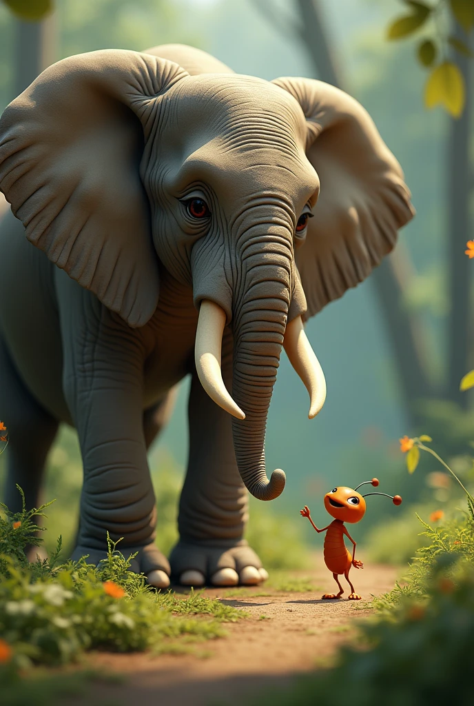The ant looks up at the elephant happily, and the elephant smiles back.
