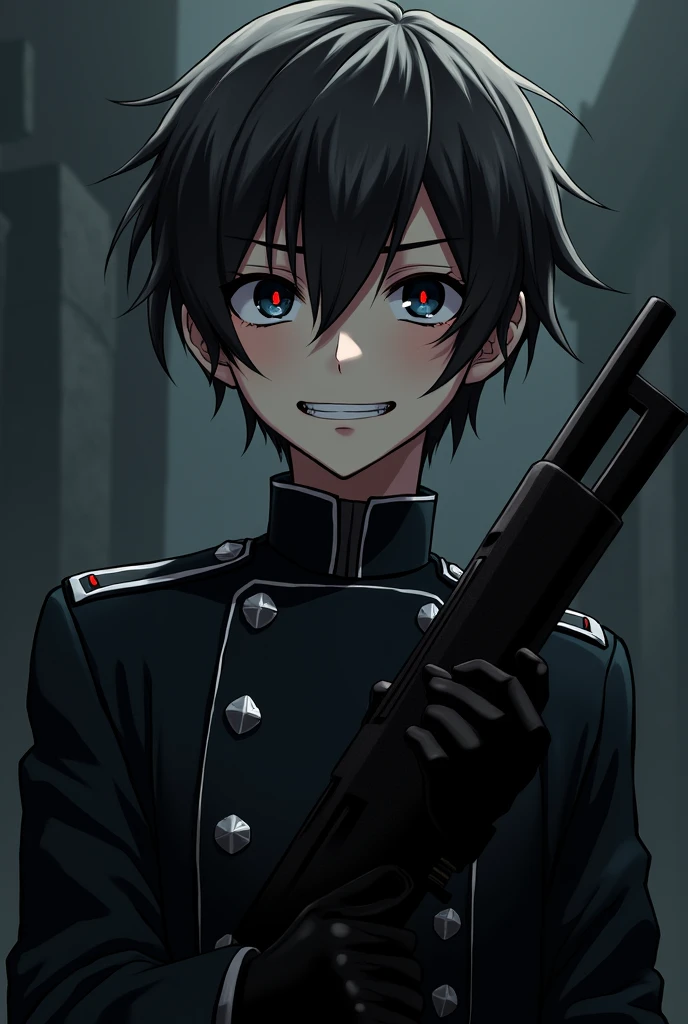 A  boy, dressed like a soldier but in a black uniform, with a soldier&#39;s weapon, with dark brown hair and dark blue eyes, look and smiling expression a little psychopathic, with blood stains on the face, with black gloves, anime style, He looks slightly annoyed but smiles with an air of superiority and his face is slightly shadowed., her pupils of eyes like red diamonds, Anime style the boy, that is in a dark 