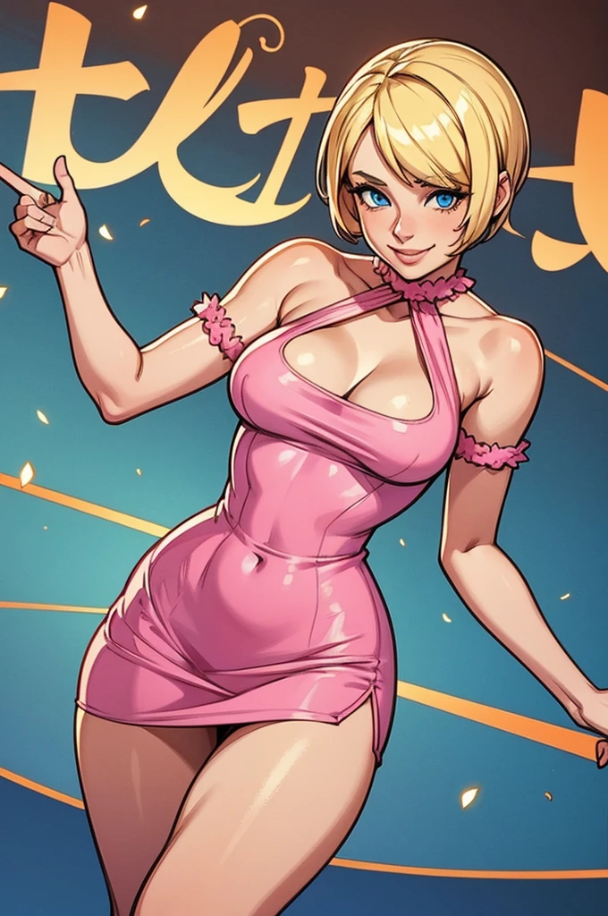 Blonde girl with short hair, blue eyes, smiling in party pose, wearing a short and tight pink mini dress, Neckline dress , and showing her thighs, wearing A pink And big fur stole draped over the shoulders