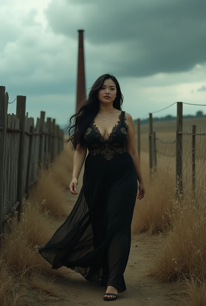 cinematic (photorealism:1.2), real pic
real pic 34 year old curvy Asian woman with long black hair, wearing a black dress with floral motifs, black shoes, walking against the backdrop of the savanna, tall dry weeds, a stretched wooden fence, a rusty chimney, dark clouds