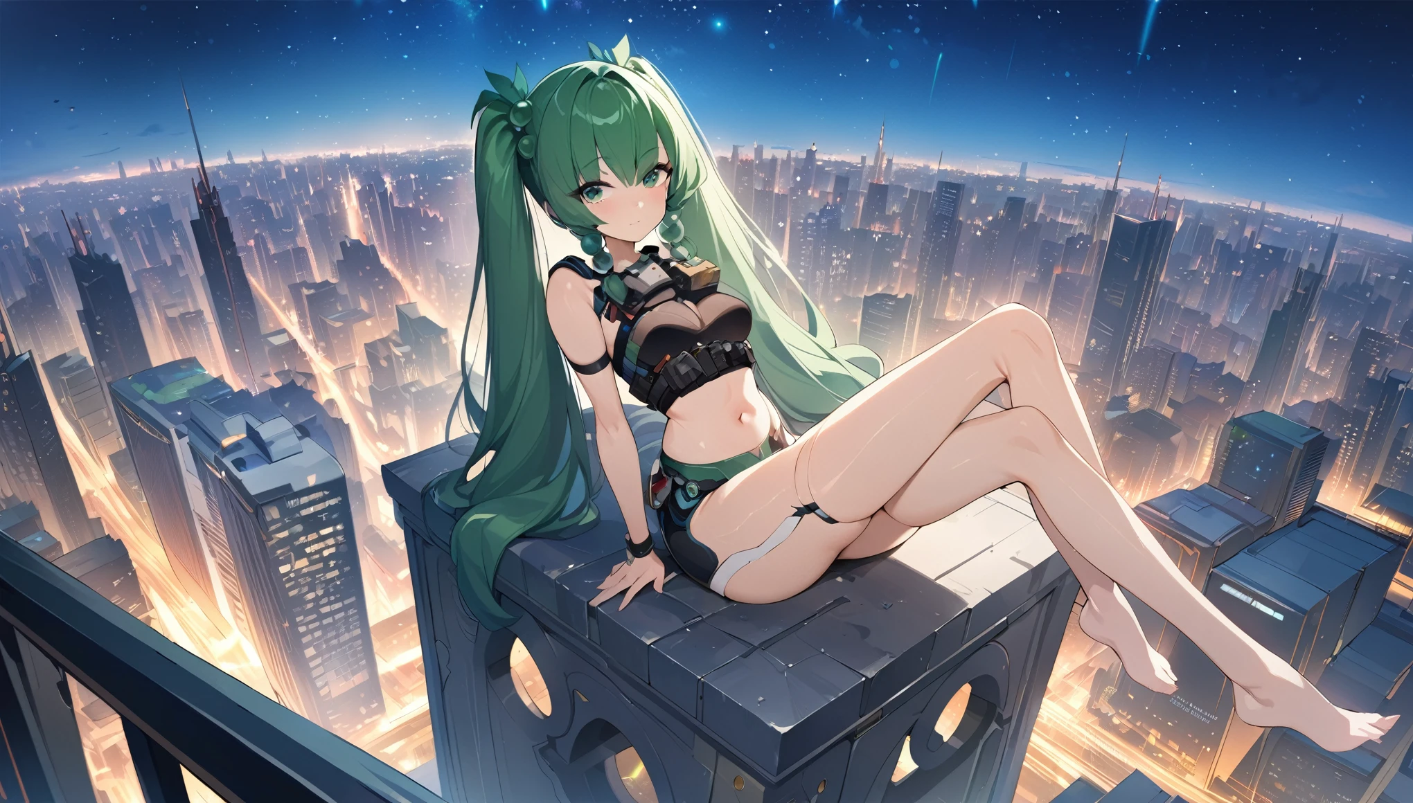 1 anime girl,masterpiece,high resolution,Anime Art,Anime Numbers, 4k anime wallpaper,Soft Light,Radiant Skin,Looking at the camera,Solitary,Sitting on top of the tower,Green twin ponytails,Green beads in hair,Full and firm breasts,There are two red lines on the belly,(Green eyes: 1.3),Slender legs,Modern City,Starry Sky