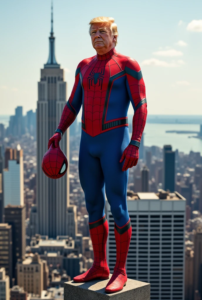 donald trump wearing spiderman uniform, with the mask in hand. On top of the tallest building in New York