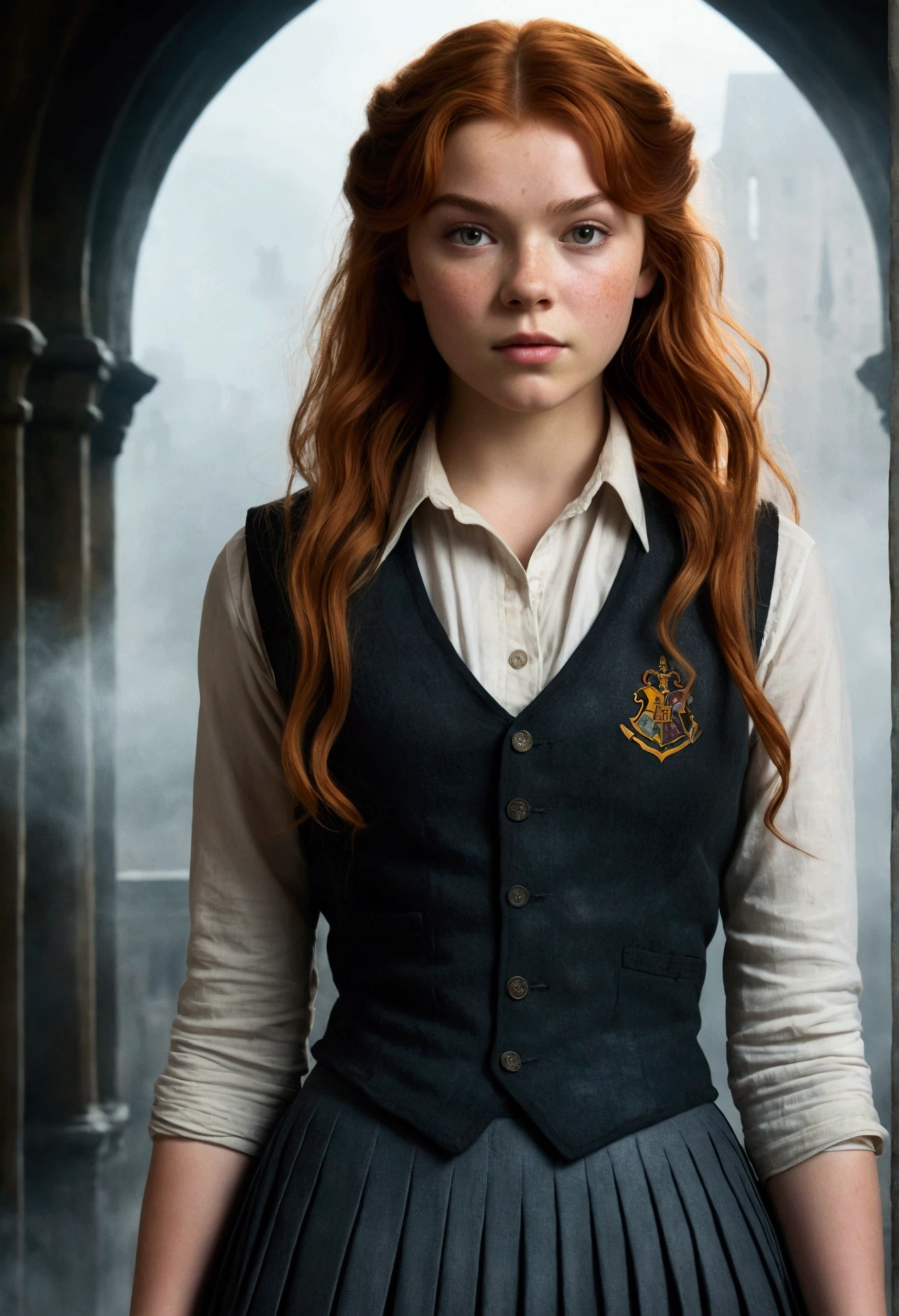 An illustrated movie poster, hand-drawn, full color, a teenage Hogwarts student, 18-years-old, female, wearing a charcoal vest and a pleated skirt, athletic hourglass figure, busty bosoms, full wide hips, massive round butt, long shapely legs, ridiculously thick powerful thighs, vibrant eyes, red auburn hair, thick shaggy bangs, flushed sun-kissed complexion, freckles, resembles Margaery Tyrell, standing in a foggy Hogwarts courtyard, surrounded by mist, graphite shading, stencil marks, airbrushed acrylic paint, masterpiece, close-up shot, in the style of the Deathly Hallows