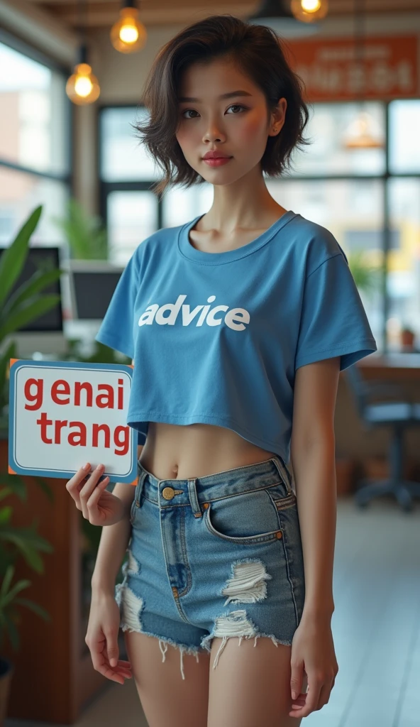 A beautiful Thai girl with short hair, wearing a blue T-shirt with the word "ADVICE" printed on it, wearing a skirt of short jeans, and wearing white sneakers ((standing holding a large sign "GENAI TRANG"))) in a computer store. Tablet, (((Full)))., Proportional, massive breasts