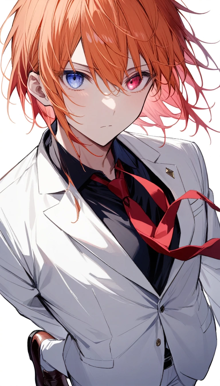 {{masterpiece}}, The best quality of life, 超High resolution, Attention to detail, high quality, High resolution, 最high quality, 4K, 8k,Attention to detail,((Bright orange hair、Dye your hair red)、Gradient Hair、Multi-colored hair)) 、alone, 1 male、good looking、((完璧な悪魔のRed and blue eyes)) , ((Red and blue eyes)) ,((Heterochromia iridis))、Expressionless adult man、((White background))、(((Black y-shirt、White suit、Red tie、Leather shoes))、Man standing with a provocative look、whole body、front