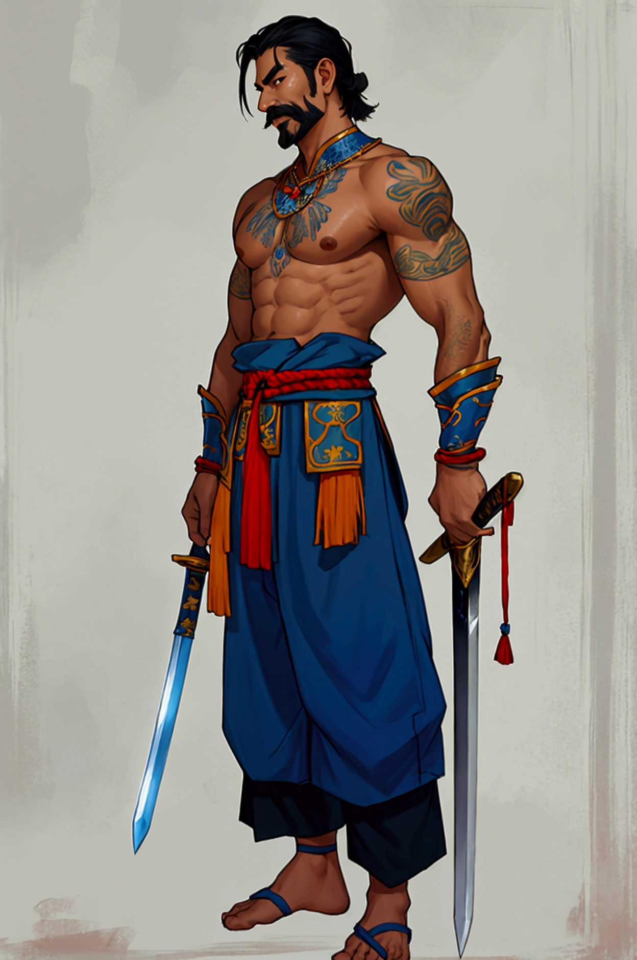 man,Short hair, no shirt,Blue chong kraben pants,No shoes while standing.Thai warrior costume holding a sword,Ayutthaya has a mustache