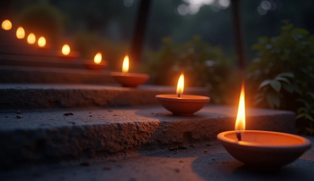 A group of Diya lamps placed on steps, softly lighting the surrounding area in the evening, with a dark background that emphasizes the glow of the flames