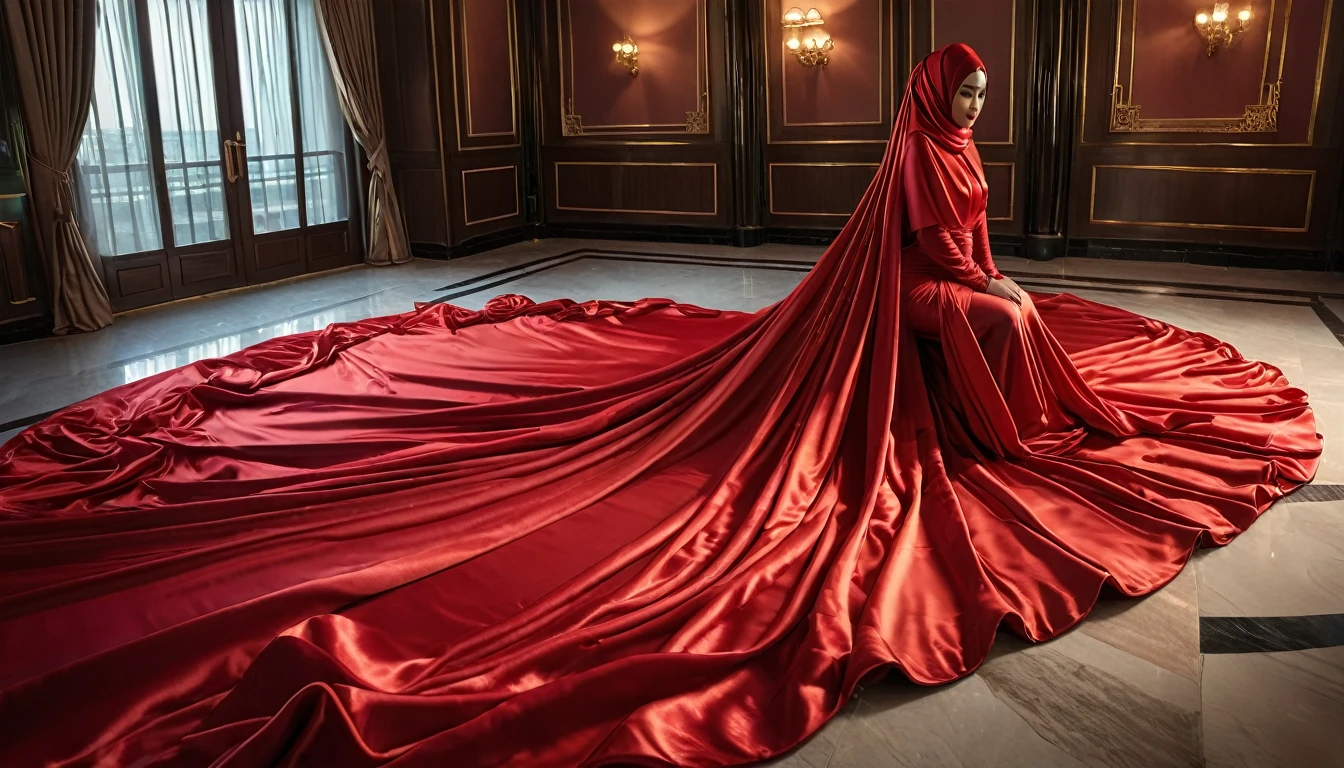 A woman shrouded in a 4-meter-long, plush red satin cloth, tightly bound and grandly draping along the form of her body, flowing off into a pooled floor-length train, styled in a mermaid-inspired outfit, her head modestly veiled in a satin hijab, a full-body pose conveying a sense of mysterious elegance, captured in a 4k resolution, ultra-realistic