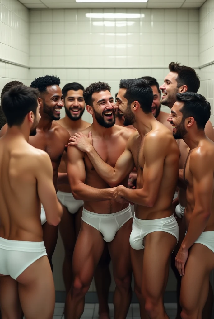 Twelve mixed-race men showering in white underwear and laughing in a public bathroom.