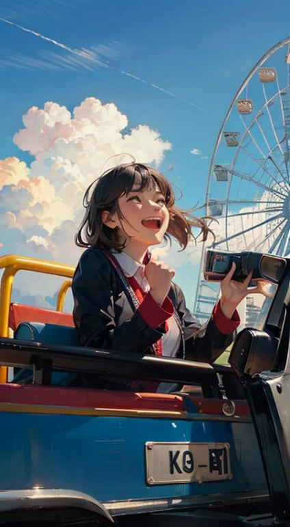 Two classmates are raising their hands and screaming as the roller coaster reaches its top speed.
BREAK
The girl who loves it is smiling confidently and happily, while the girl who hates it is teary-eyed and wide-eyed. BREAK The theme of the story is the girls who change themselves by riding the roller coaster.
BREAK
The place is the amusement park’s roller coaster. The things that are visible in the place are the rails, the sky, the clouds, the trees, and the other passengers.
BREAK
The atmosphere is bright and cheerful.
BREAK
The lens settings and shooting effects are standard lens, high-speed shutter, and vivid colors.