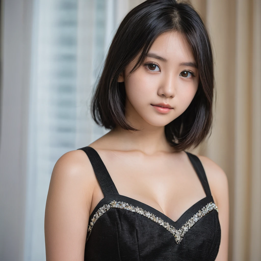 Yui, photo of female, age 15 year, black shoulder length hair with brown highlights; (dslr, ultra quality, film grain, Fujifilm XT3, crystal clear, 8K UHD, highly detailed glossy eyes, high detailed skin, skin pores); big breast, black tight polain cotton dress, back waist