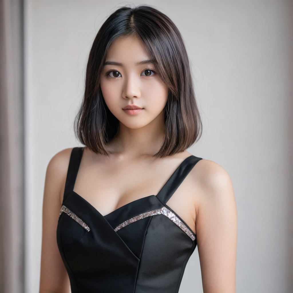Yui, photo of female, age 15 year, black shoulder length hair with brown highlights; (dslr, ultra quality, film grain, Fujifilm XT3, crystal clear, 8K UHD, highly detailed glossy eyes, high detailed skin, skin pores); big breast, black tight polain cotton dress, back waist