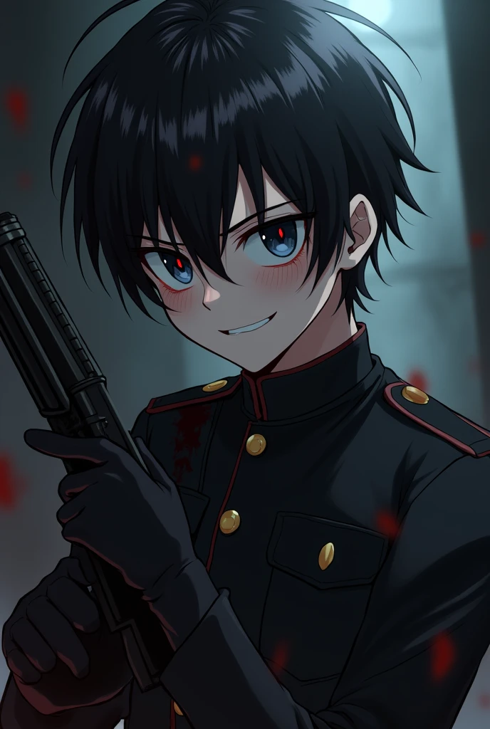A 16 year old boy, dressed like a soldier but in a black uniform, with a soldier's weapon, with dark brown hair and dark blue eyes, look and smiling expression a little psychopathic, with blood stains on the face, with black gloves, anime style, He looks slightly annoyed but smiles with an air of superiority and his face is slightly shadowed., her pupils of eyes like red diamonds, Anime style the boy, that is in a dark