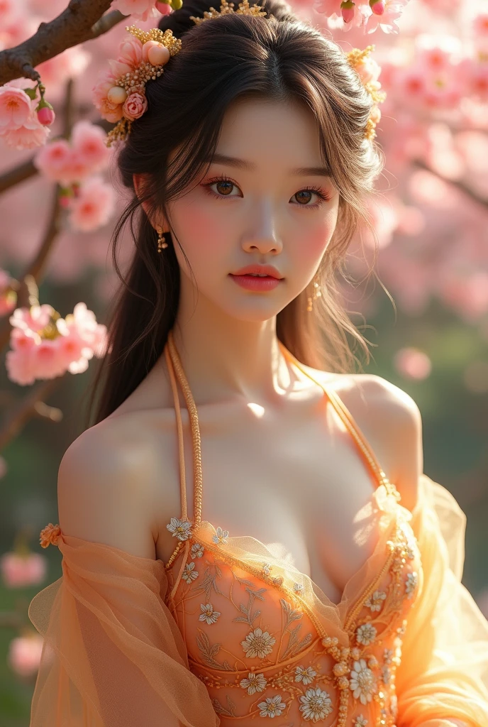 (masterpiece,Highest quality:1.4),(8k,RAW Photos,Photorealistic:1.4),Ultra-high resolution, ,(Glowing Skin:1.4),Detailed肌,Detailed顔,Detailed目,(Beautiful and shining eyes:1.2),Symmetrical eyes,Detailed耳,One person,Natural Makeup,(((Japanese Idols))),(Japanese Face),Detailed背景,Vivid background,、Peach Blossom Garden、Fairy、Beautiful and shiny hair,,((Average age breasts)),Ultimate cuteness,(Detailed Female Hermit、Golden, sheer, fantastical costume、Ancient Chinese fantasy films),,((Sharp Face)),Natural light,,(Very detailed ,Trend design for 2024,online shopping,LUMINE® Market,),Emphasized breasts,Upper Body,,(Detailed,Location was great.),,、Green Eyes、Sexy Style