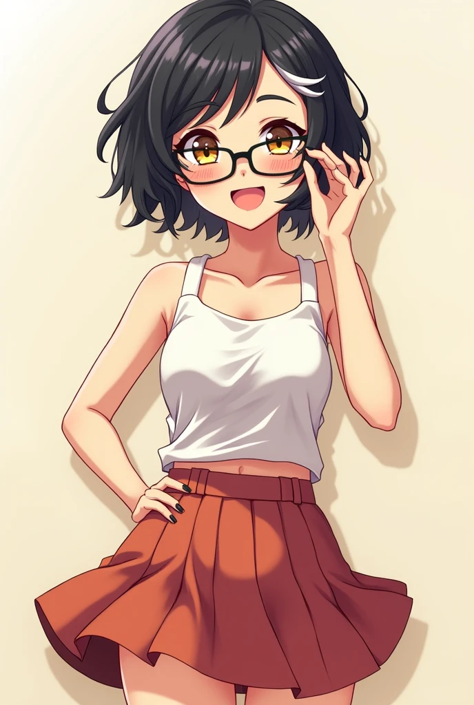 Anime girl, short black hair, white highlights, tan skin, yellow eyes, cute skirt, glasses, black nail polish, full body, happy