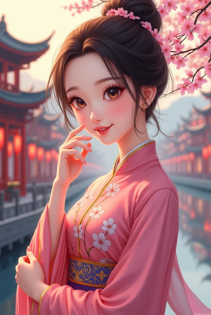 ( High resolution、 masterpiece、Highest quality、8k)、Tang Dynasty Buildings、Tang Dynasty China、Tang Dynasty China、(The face is round、Her eyes are long and cute、The most beautiful woman)、Chinese traditional clothing with a bright pink color and floral pattern、(whole body)、Brown and black round bun hairstyle、Smiling Eyes、Holding、Cute gesture、Fingers on the chin、background、Tang Dynasty Buildings、Chang&#39;an city in the Tang Dynasty、Plum blossom、river view、Riverside city lights、Lantern Light、A complete portrayal、Detailed anime art、Detailed CG、