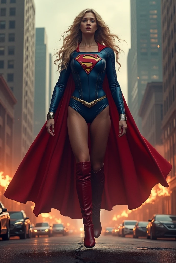 A beautiful woman with long blonde hair wearing a blue leather jumpsuit, a blue corset over her jumpsuit, a red cape, red boots, long boots up to her knees, red leather pants, silver bracelets Kara Zor-El aka Supergirl in a dark apocalyptic rainy city, cars and buildings on fire, flying over the city, skyscrapers on fire.