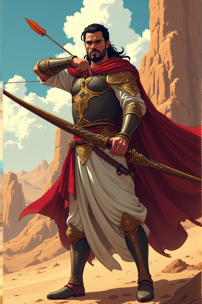 Medieval Arabian warrior wielding bow in anime style