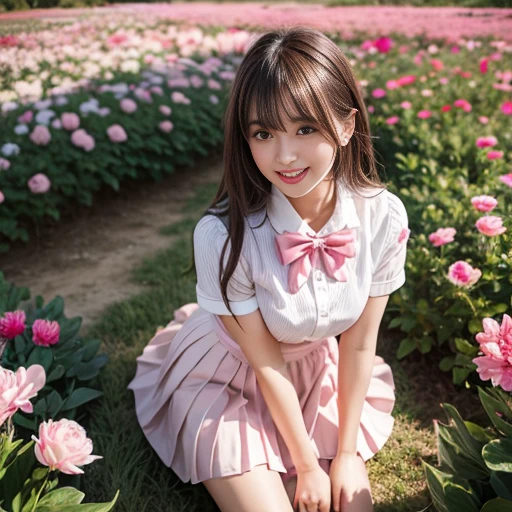 Pink short pleated skirt, in the flower field,Wearing a white sailor suit,white shirt,(knee shot) ,pink bow tie,Pink navy collar,1 female, On the face, laughing out loud, light brown hair, blunt bangs, hair behind ears, Shoulder-length hair, long hair, Slender body type, 超face slimming型, face slimming, delicate lips, beautiful eyes, Thin blush, Eyes are light brown,View here, (actual:1.3), One person's perspective, 8k, Super detailed, high quality, best quality, High resolution, ,Large Breasts,wear a H cup, 2,above knee shot