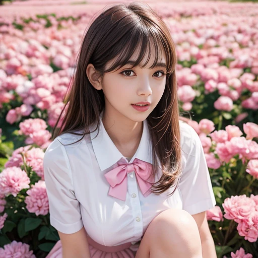 Pink short pleated skirt, in the flower field，Wearing a white sailor suit，white shirt，(knee shot) ,pink bow tie，Pink navy collar，1 female, On the face, laughing out loud, light brown hair, blunt bangs, hair behind ears, Shoulder-length hair, long hair, Slender body type, 超face slimming型, face slimming, delicate lips, beautiful eyes, Thin blush, Eyes are light brown,View here, (actual:1.3), One person's perspective, 8k, Super detailed, high quality, best quality, High resolution, ，Large Breasts，wear a H cup, 2,above knee shot