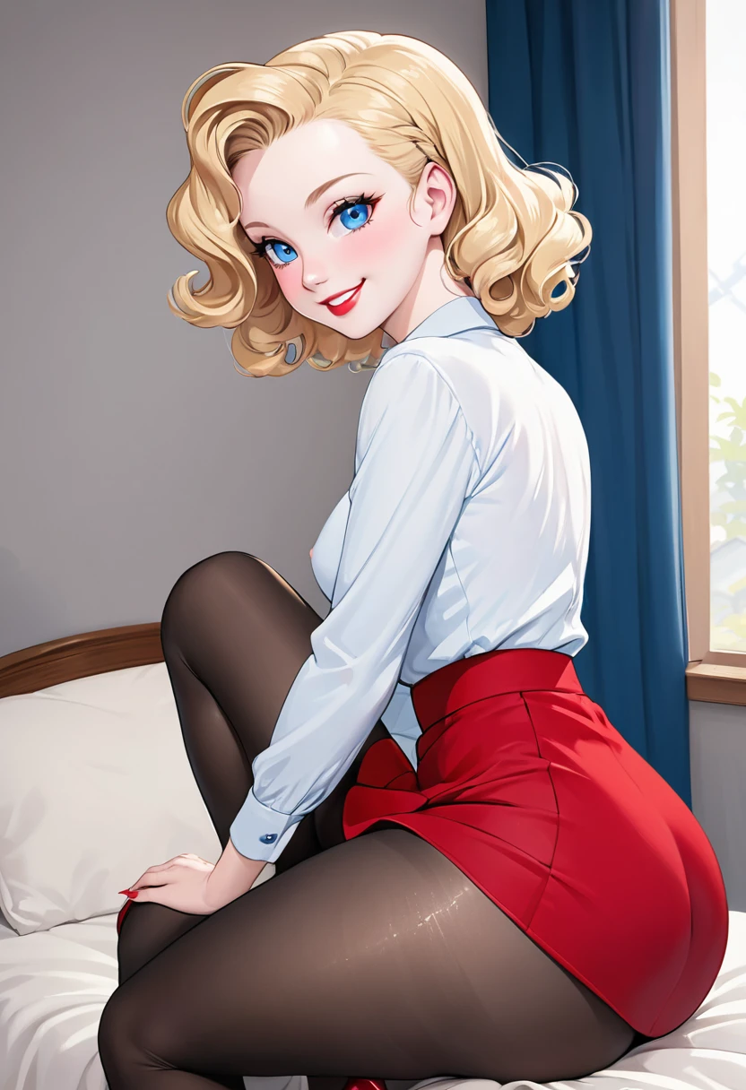 Nsfw,masterpiece, small head,1940s hairstyle, pinup,stunning teen blonde women with pale skin, blue eyes, smilling face, wearing red skirt, black pantyhose ,red stilettos ,thick calves,thick legs , big ass. She is showing me her wet pussy.