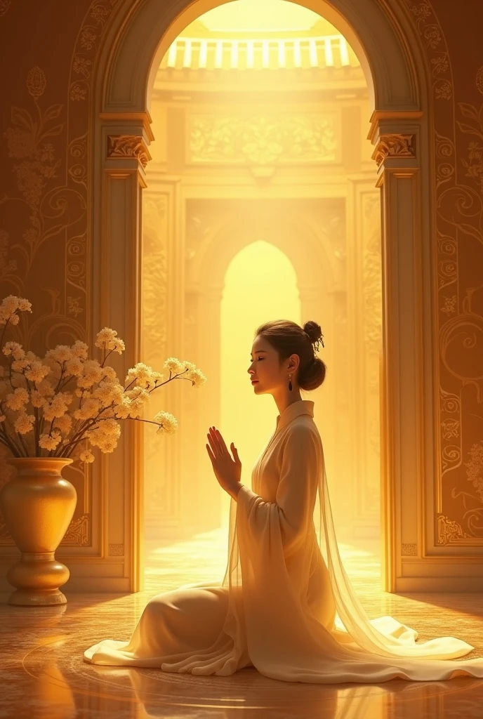 In the golden temple、paper long chinese style handsome woman kneeling