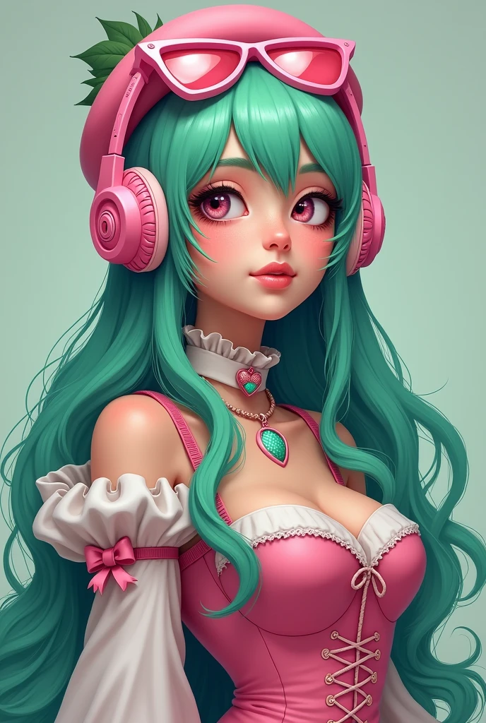 Brunette with long mint green hair and a pink beret on her head and strawberry headphones and pink glasses in her hair and pink sleeves with white and a pink corset 