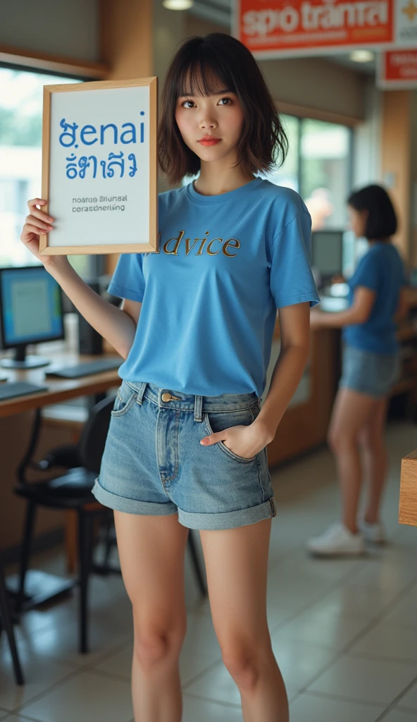A beautiful Thai girl with short hair, wearing a blue T-shirt with the word "ADVICE" printed on it, wearing a skirt of short jeans, and wearing white sneakers ((standing holding a large sign "GENAI TRANG"))) in a computer store. Tablet, (((Full)))., Proportional, massive breasts