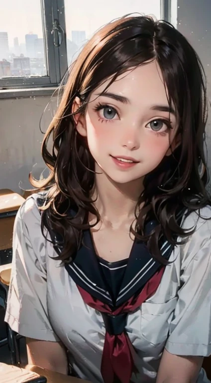 1girl, solo, brown hair, messy-wavy hair, fair skin, grey eyes, dark circles under the eyes, hollow eyes, detailed eyes, cheerful, smiling, parted lips, school uniform, afternoon lighting, faint-pink hue, beautiful aura, light particles, in a classroom, 