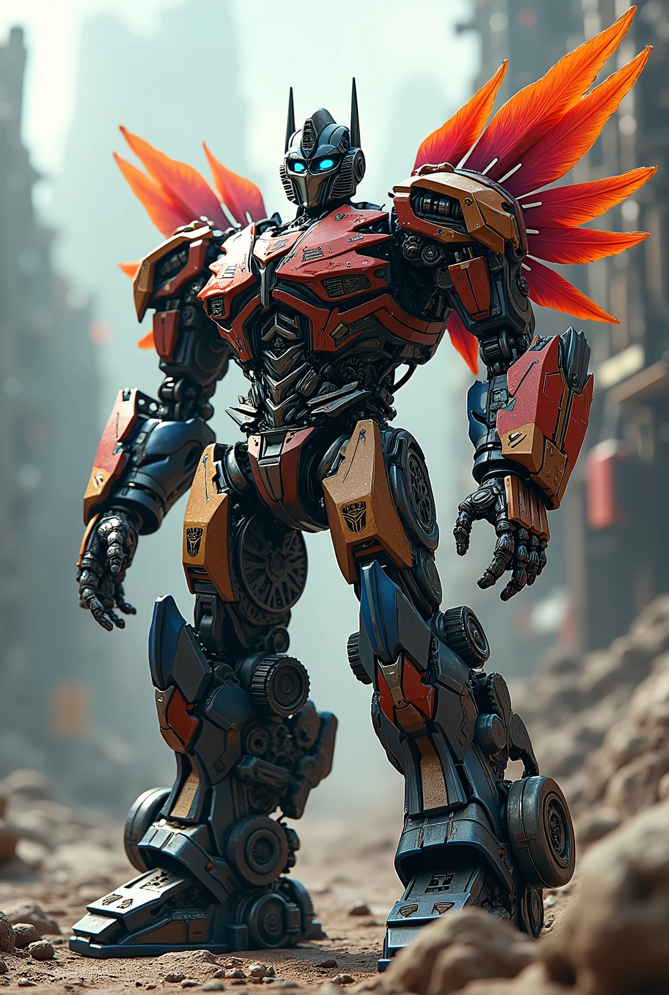 optimus prime, Transformer, robot, mechanical arm, cyborg, futuristic, sci-fi, intricate machinery, gears, metallic, industrial, machinery, mechanical hand, chicken, bird, feathers, surreal, fantasy, photorealistic, 8K, hyper detailed, cinematic lighting, dramatic shadows, vibrant colors, intricate details