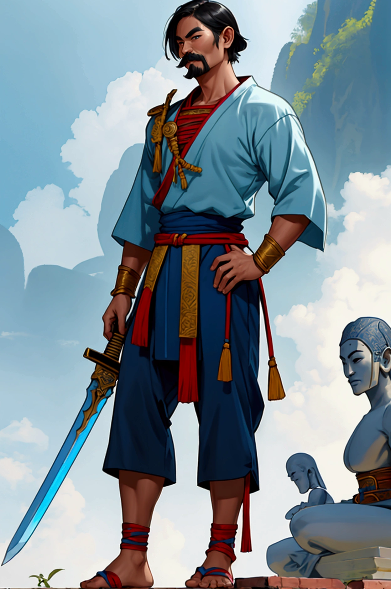 man,Short hair, no shirt,Blue chong kraben pants,No shoes while standing.Thai warrior costume holding a sword,Ayutthaya has a mustache,Ayutthaya period outfit