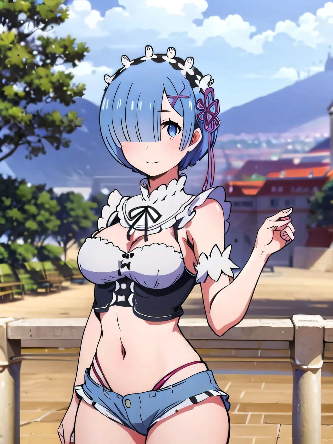 all realistic intricate details, cowboy shot, masterpiece, best quality, highres, rem1, 1girl, solo, rem \(re:zero\), blue hair, short hair, red eyes, hair over one eye, ribbon trim, hair ribbon, x hair ornament, frills, crop top white, denim shorts,medium breasts, cleavage, sedection pose , hair flower, outdoor, standing, smile, perfect background, perfect light