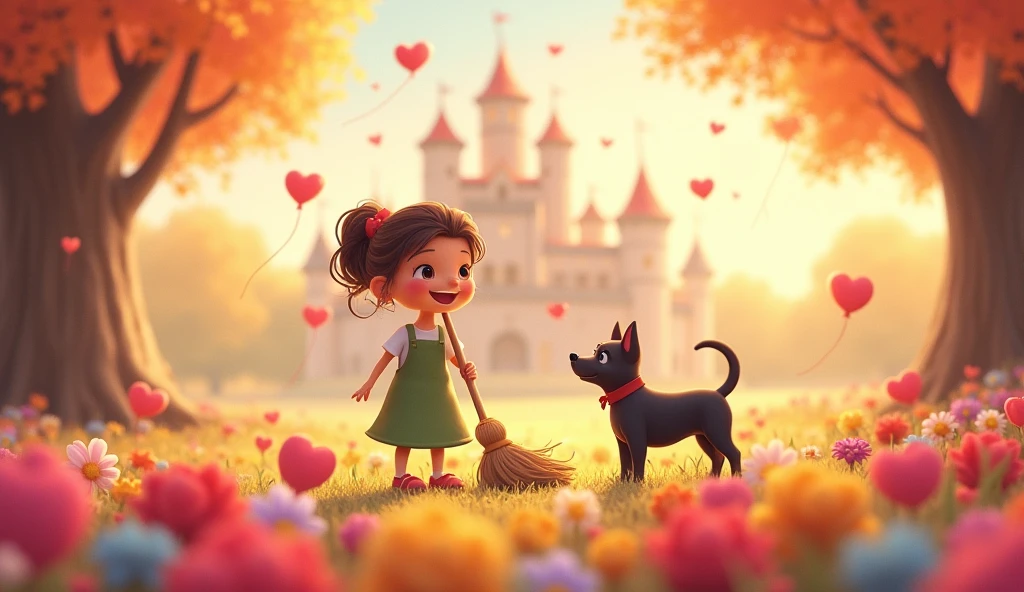 spring scene, 1 woman, 1 broom, 1 black dog beside the castle, colorful flowers with a heart design, happy expression. setting with light red heart-shaped balloons and heart-shaped, drifting around. The surrounding trees are laden with sunbeam and the sky above glows with a gentle twilight yellow, contributing to a magical and affectionate mood. The image should embody a cartoon-like and extremely adorable style, with a soft-focus background to amplify the fairy-tale-like ambiance of the composition.