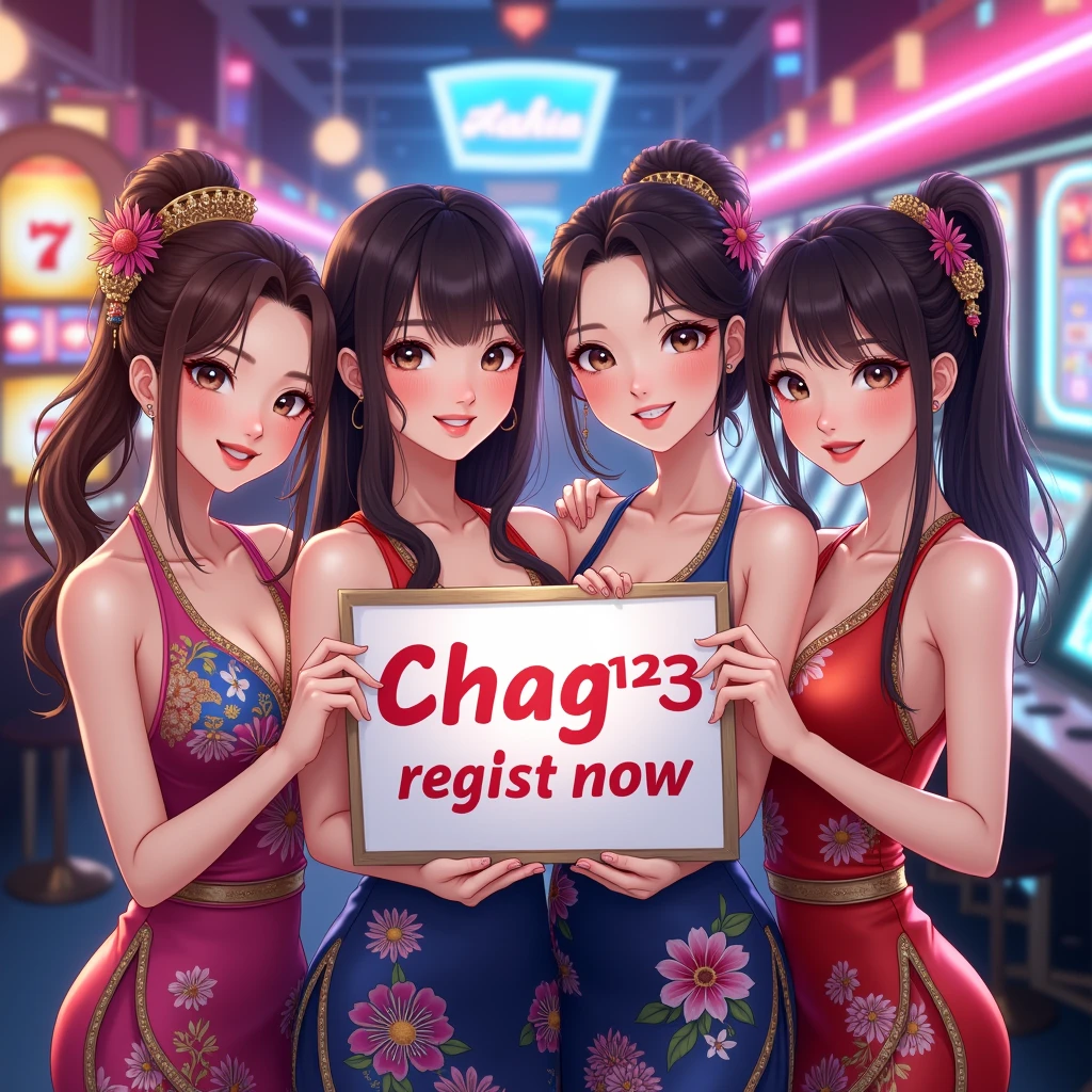 a beautiful four thailand woman holding up a sign "CHANG123 REGIST NOW", joyful, happy, Anime illustration, photorealistic, oil painting, casino background, wearing thailand traditional dress, RealCartoon, medium breast cleavage, Standing, Colourfull, Neon Light, realistic cartoon,