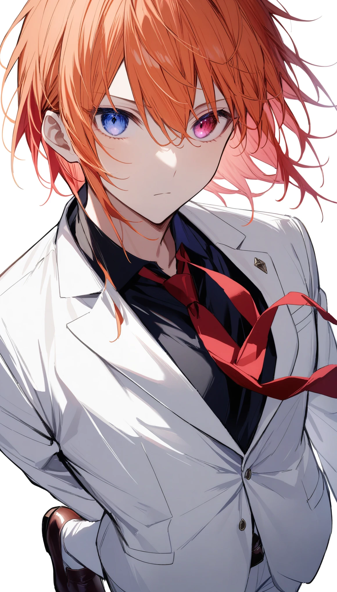 {{masterpiece}}, The best quality of life, 超High resolution, Attention to detail, high quality, High resolution, 最high quality, 4K, 8k,Attention to detail,((Bright orange hair、Dye your hair red)、Gradient Hair、Multi-colored hair)) 、alone, 1 male、good looking、((完璧な悪魔のRed and blue eyes)) , ((Red and blue eyes)) ,((Heterochromia iridis))、Expressionless adult man、((White background))、(((Black y-shirt、White suit、Red tie、Leather shoes))、Man standing with a provocative look、whole body、front