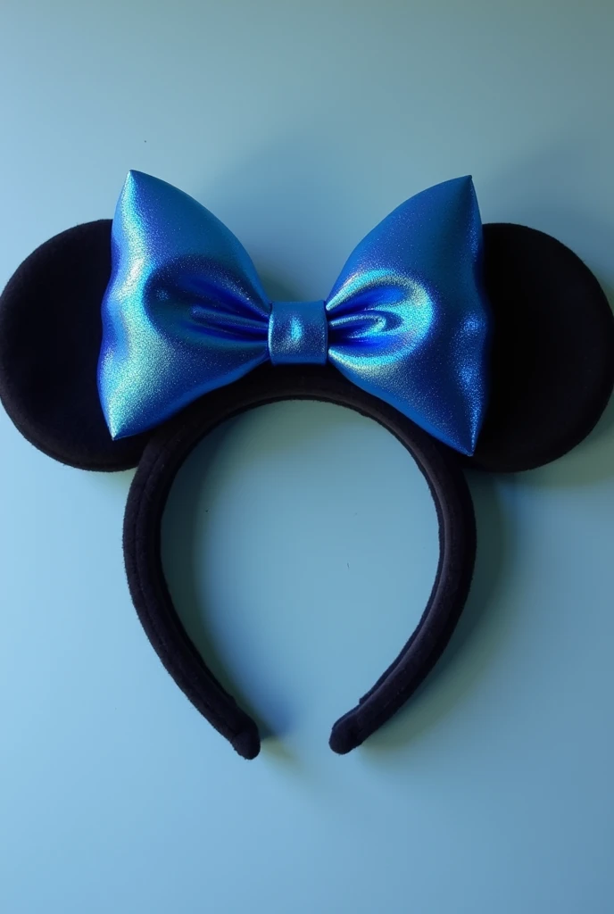 A large mouse ears with blue and black colors, to put on a headband with a shiny blue bow