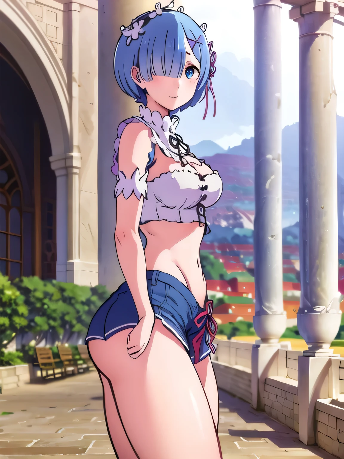 all realistic intricate details, cowboy shot, masterpiece, best quality, highres, rem1, 1girl, solo, rem \(re:zero\), blue hair, short hair, red eyes, hair over one eye, ribbon trim, hair ribbon, x hair ornament, frills, crop top white, denim shorts,medium breasts, cleavage, sedection pose , hair flower, outdoor, standing, smile, perfect background, perfect light