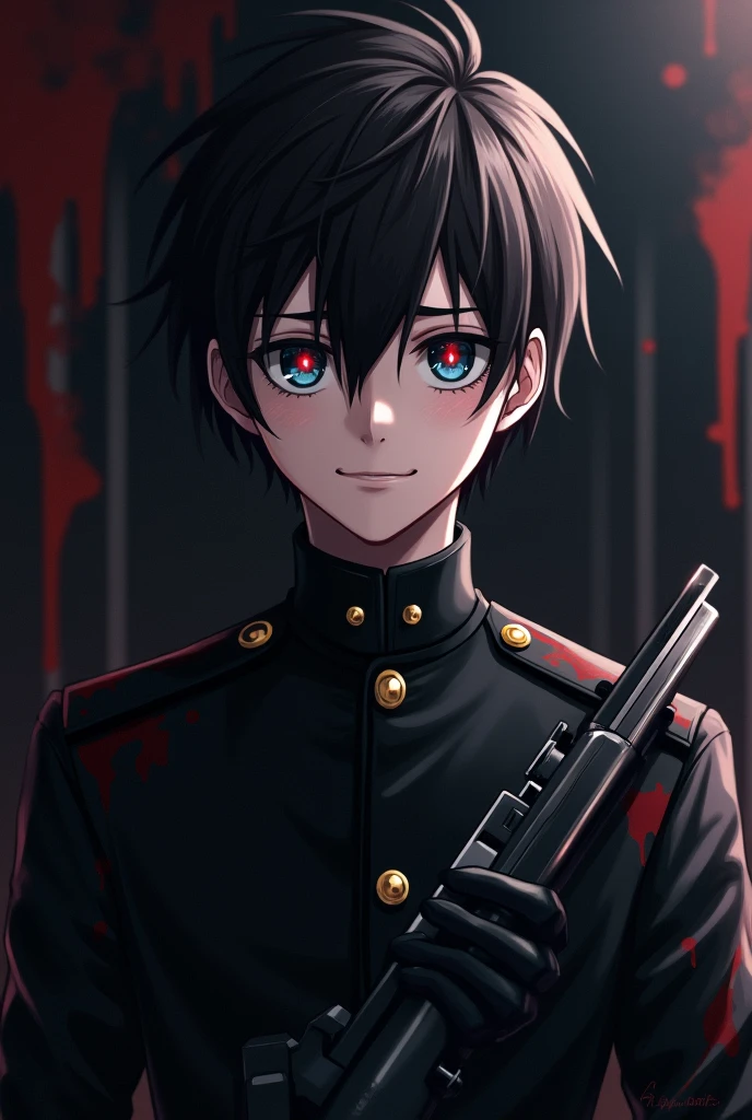 A 16 year old boy, dressed like a soldier but in a black uniform, with a soldier's weapon, with dark brown hair and dark blue eyes, look and smiling expression a little psychopathic, with blood stains on the face, with black gloves, anime style, He looks slightly annoyed but smiles with an air of superiority and his face is slightly shadowed., her pupils of eyes like red diamonds, Anime style the boy, that is in a dark