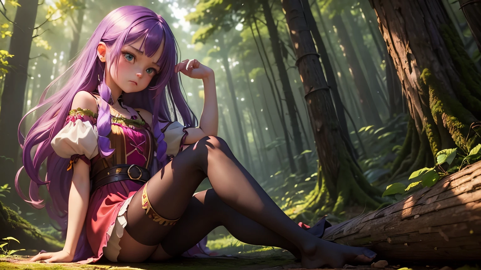 A small, purple-skinned girl with long purple hair and green eyes sits on a log in a colorful forest. She wears a red dress and pantyhose, pouting with inflated cheeks and an angry expression. Surrounded by fairies and pink particles, the scene is a highly detailed 32k CG masterpiece, vibrant and enchanting.