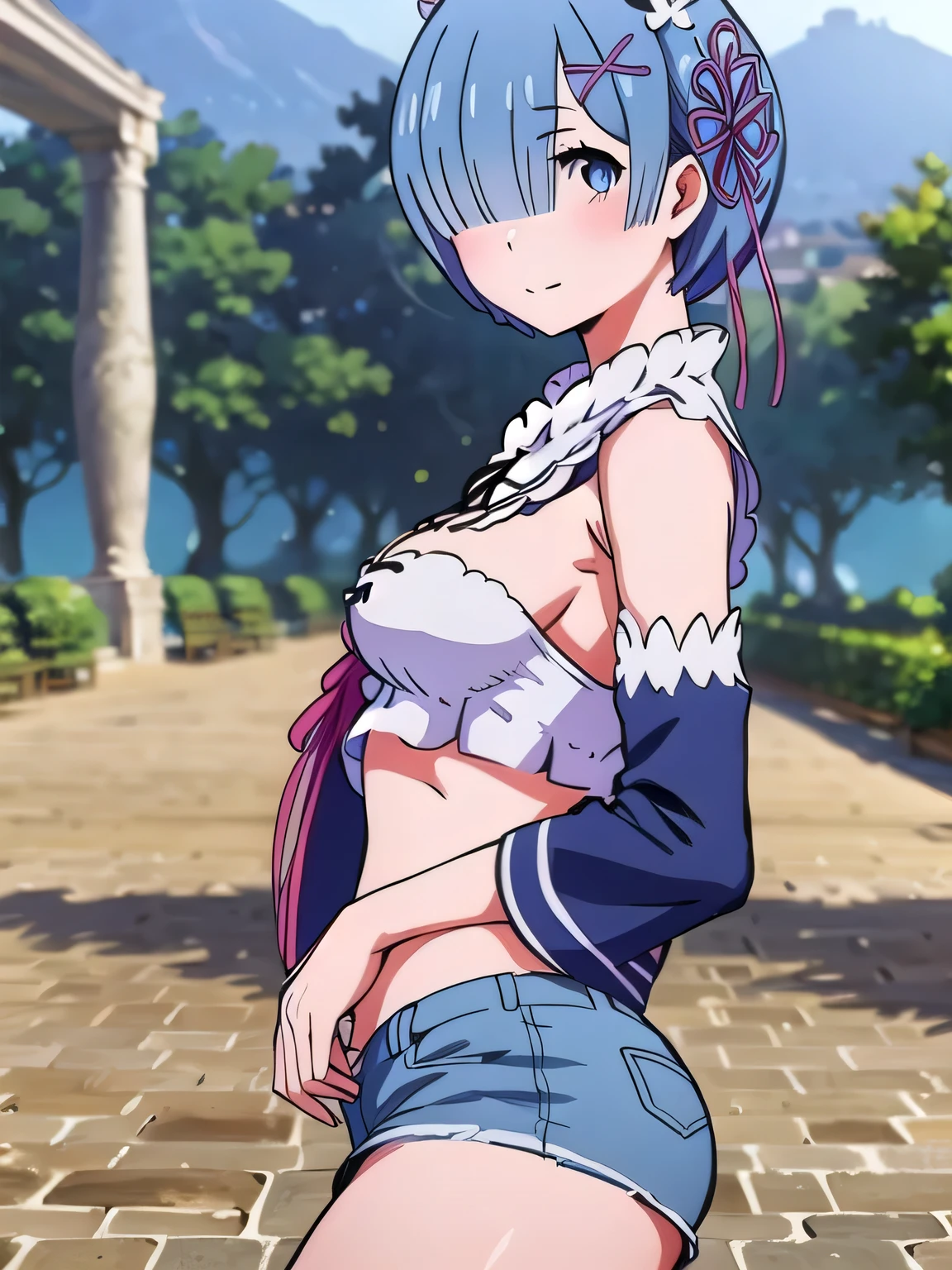 all realistic intricate details, cowboy shot, masterpiece, best quality, highres, rem1, 1girl, solo, rem \(re:zero\), blue hair, short hair, red eyes, hair over one eye, ribbon trim, hair ribbon, x hair ornament, frills, crop top white, denim shorts,medium breasts, cleavage, sedection pose , hair flower, outdoor, standing, smile, perfect background, perfect light