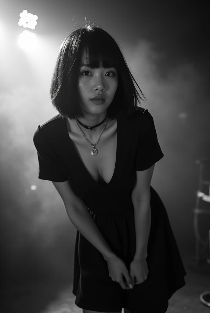 Black and white photography、Live footage、25 year old woman。Asian woman with short bob、Straight Hair、band、skirt、Beautiful Face、Punk Rock、Large Breasts、Satomi Ishihara、Black T-shirt、A cleavage so big you could squeeze your penis in it、Stage Lighting、smoke、mist、Alice Hirose、Solo artist、skirtめくり、Leaning forward to look at you、