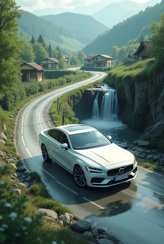 a white car running on village road with water falling