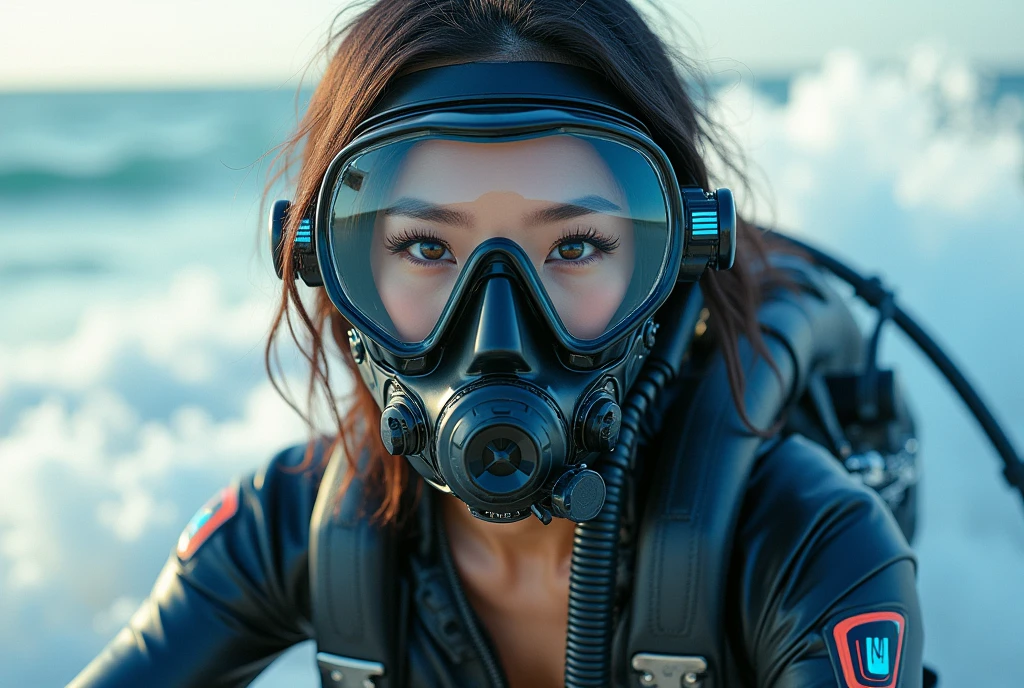 photo-realistic, ultra-realistic, very beautiful Japanese, famous Japanese idol, 20 years old, dramatic scene, masterpiece, beautiful eyes, (extremely intricated with extremely complex cyber punk mecha armored full-face gas mask:1.5), (wearing cyber punk mecha-suits with neon marker:1.5), (she is acrobatic jet skiing on the sea:1.5), amazing view of huge waves, acrobatic pose, dynamic angle, spectacular, Nimble movements, Sharp turns, (very large breasts), 