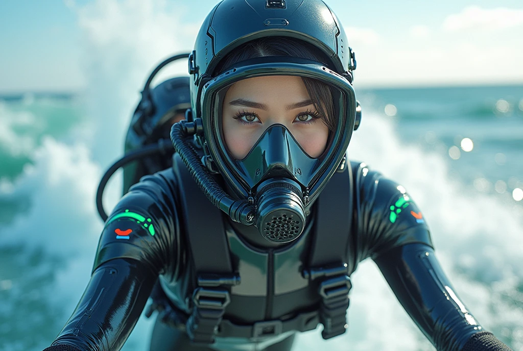 photo-realistic, ultra-realistic, very beautiful Japanese, famous Japanese idol, 20 years old, dramatic scene, masterpiece, beautiful eyes, (face focus, acrobatic closeup to her beautiful scuba-masked face:1.3), (extremely intricated with extremely complex cyber punk mecha armored full-face scuba mask with air hose:1.5), (wearing cyber punk mecha-suits with neon marker:1.5), (she is acrobatic jet skiing on the sea:1.5), (super big jump in the air over the huge waves:1.5), (fully equipped with scuba equipment:1.3), amazing view of huge waves, acrobatic pose, dynamic angle, spectacular, Nimble movements, Sharp turns, (very large breasts),