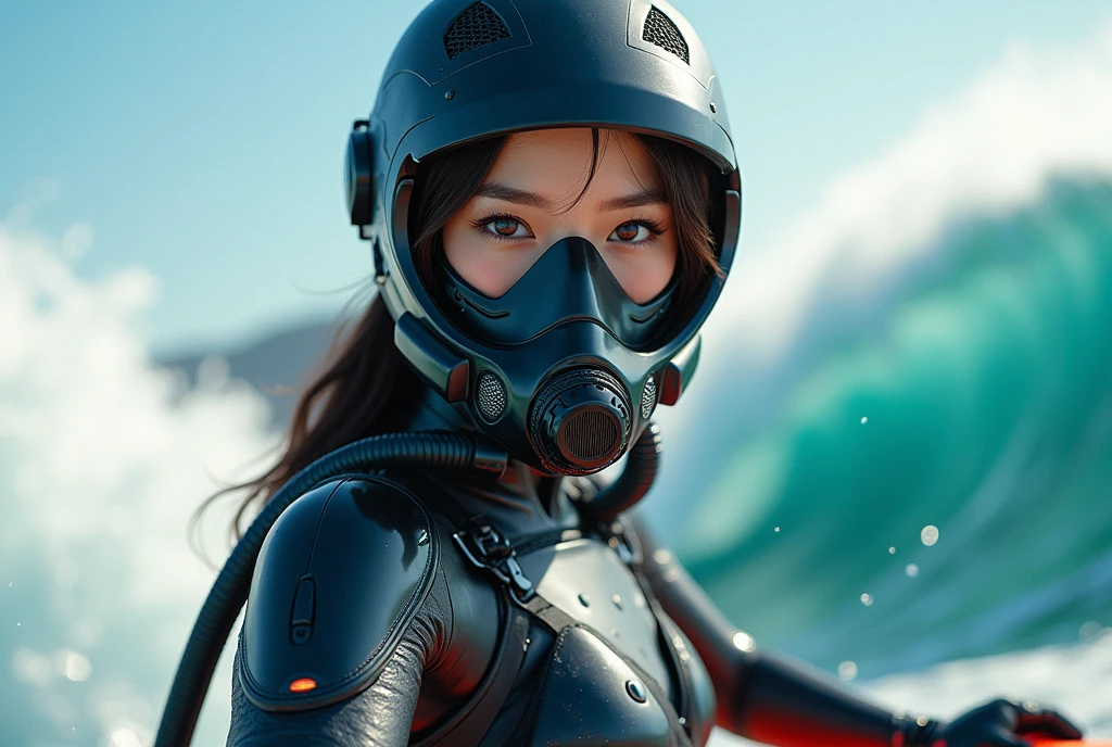 photo-realistic, ultra-realistic, very beautiful Japanese, famous Japanese idol, 20 years old, dramatic scene, masterpiece, beautiful eyes, (face focus, acrobatic closeup to her beautiful scuba-masked face:1.3), (extremely intricated with extremely complex cyber punk mecha armored full-face scuba mask with air hose:1.5), (wearing cyber punk mecha-suits with neon marker:1.5), (she is acrobatic jet skiing on the sea:1.5), (super big jump in the air over the huge waves:1.5), (fully equipped with scuba equipment:1.3), amazing view of huge waves, acrobatic pose, dynamic angle, spectacular, Nimble movements, Sharp turns, (very large breasts),